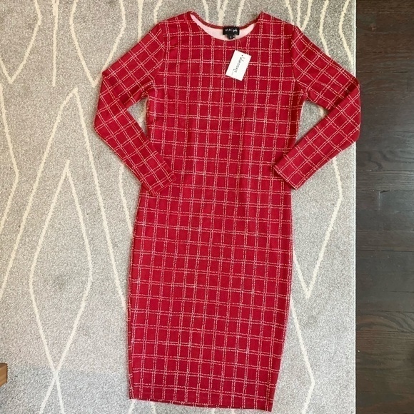 Wuko Gals Red and White Windowpane Plaid Stretch BodyCon Dress - Picture 1 of 5